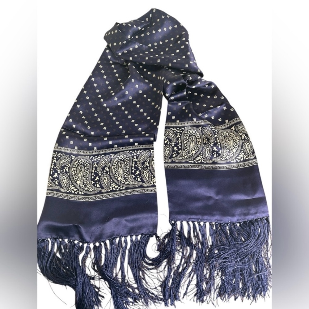 Navy Blue 100% Silk Scarf with Paisley and Fringe Accents